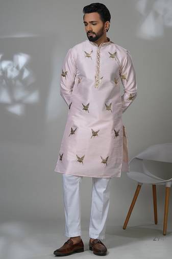 Pink silk embroidered kurta pajama for mens