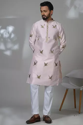 Pink silk embroidered kurta pajama for mens