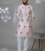 Pink silk embroidered kurta pajama for mens