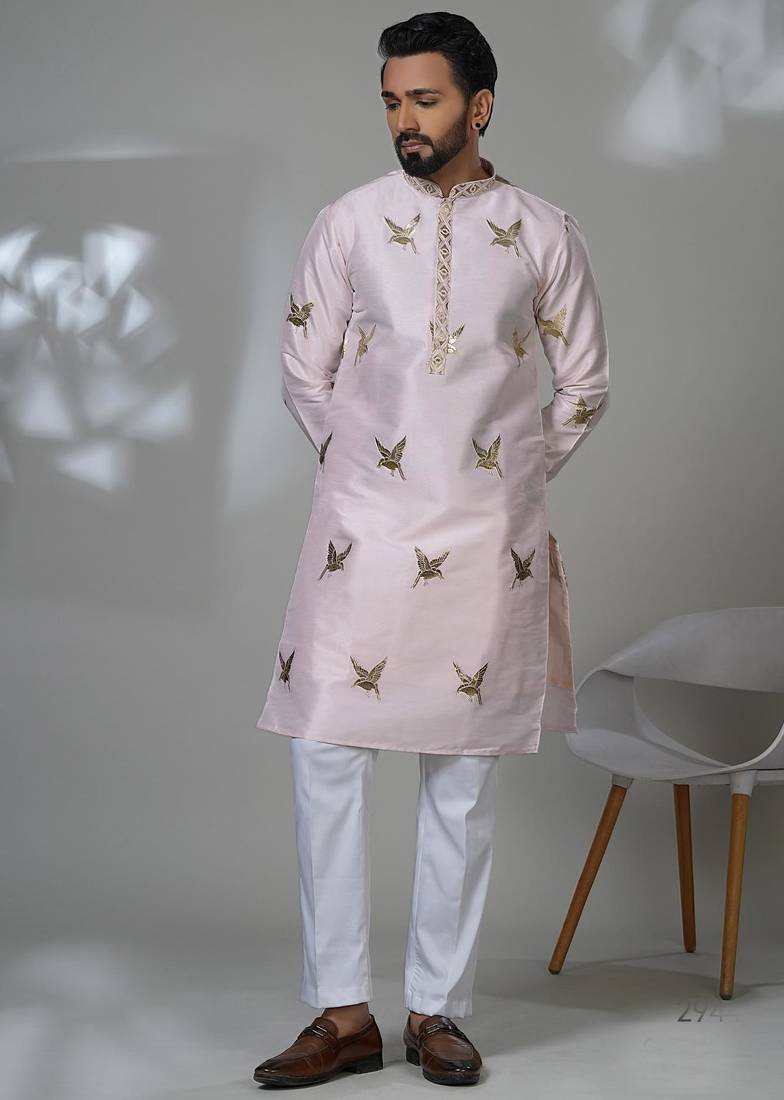 Pink silk embroidered kurta pajama for mens