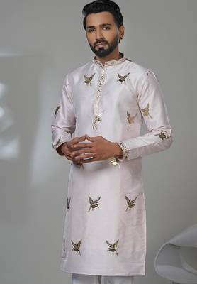 Pink silk embroidered kurta pajama for mens 2