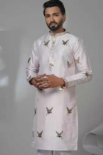 Pink silk embroidered kurta pajama for mens