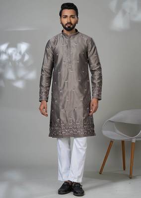 Grey satin embroidered kurta pajama for mens 1