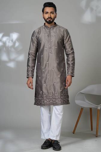 Grey satin embroidered kurta pajama for mens