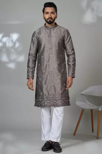 Grey satin embroidered kurta pajama for mens