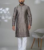Grey satin embroidered kurta pajama for mens