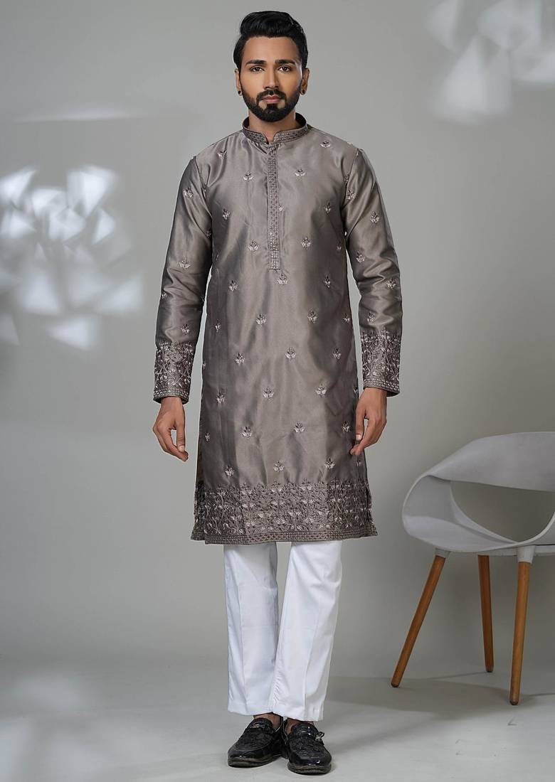 Grey satin embroidered kurta pajama for mens