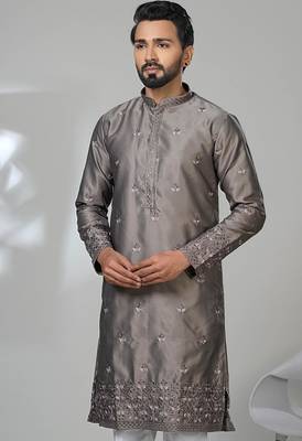 Grey satin embroidered kurta pajama for mens 2