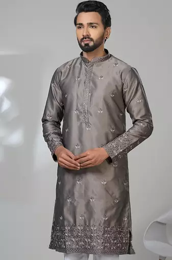 Grey satin embroidered kurta pajama for mens