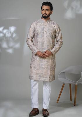 Grey blended cotton embroidered kurta pajama for mens 1