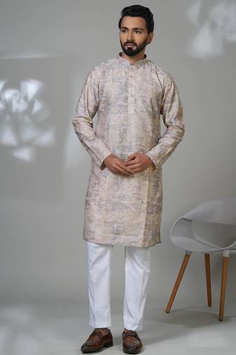 Grey blended cotton embroidered kurta pajama for mens