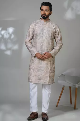 Grey blended cotton embroidered kurta pajama for mens