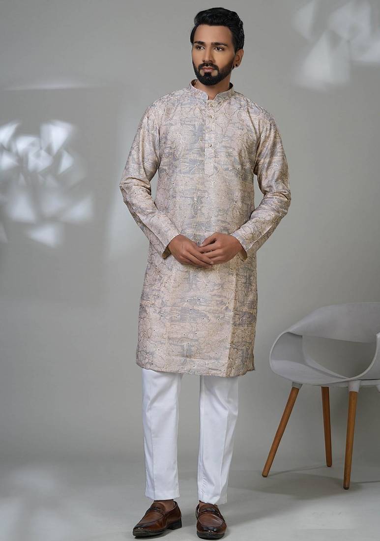 Grey blended cotton embroidered kurta pajama for mens