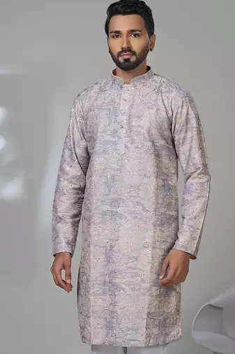Grey blended cotton embroidered kurta pajama for mens
