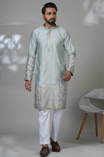 Blue blended cotton embroidered kurta pajama for mens