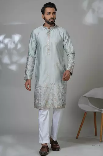 Blue blended cotton embroidered kurta pajama for mens