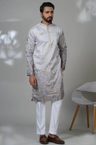 Grey silk embroidered kurta pajama for mens