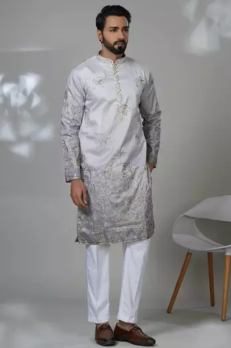 Grey silk embroidered kurta pajama for mens