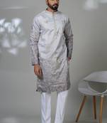 Grey silk embroidered kurta pajama for mens