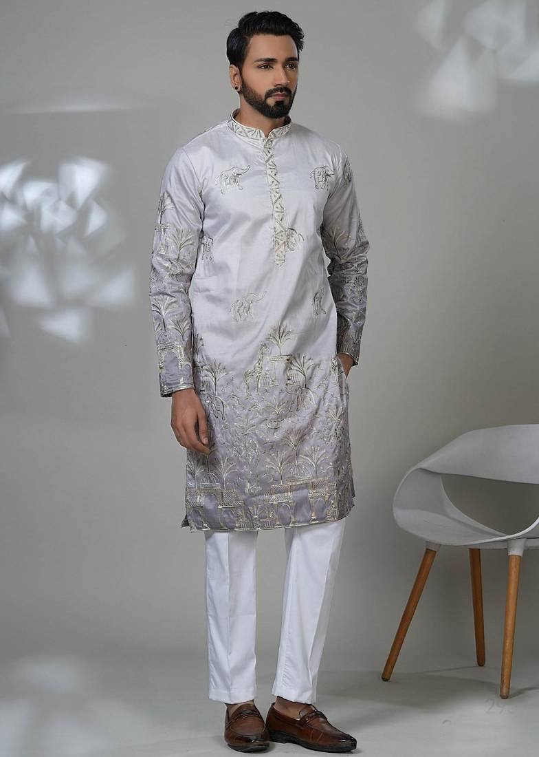 Grey silk embroidered kurta pajama for mens
