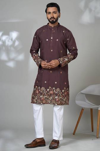 brown shimmer embroidered kurta pajama for mens