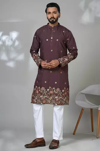brown shimmer embroidered kurta pajama for mens