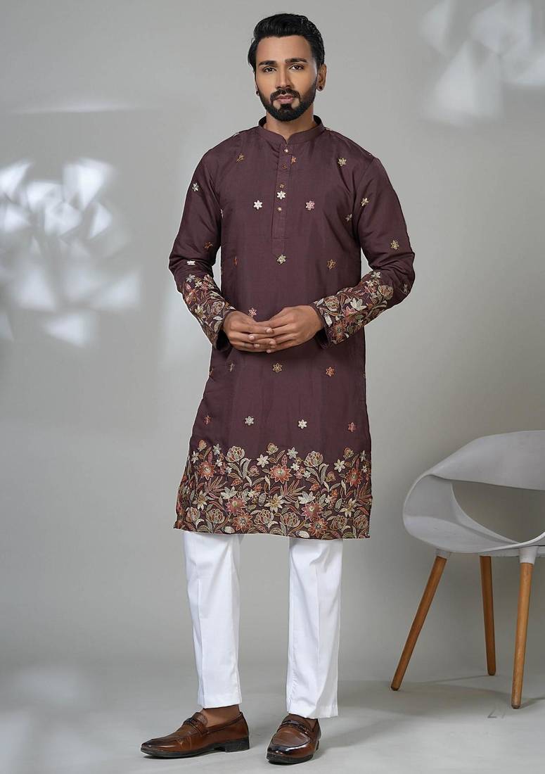 brown shimmer embroidered kurta pajama for mens
