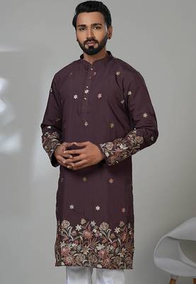 brown shimmer embroidered kurta pajama for mens 2