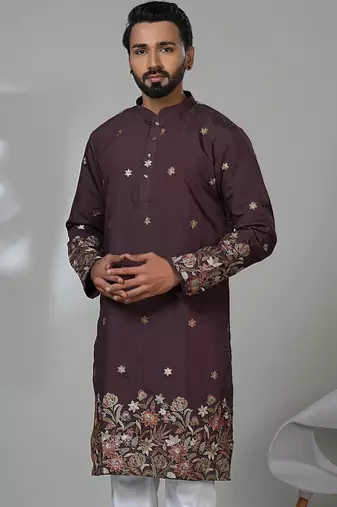 brown shimmer embroidered kurta pajama for mens