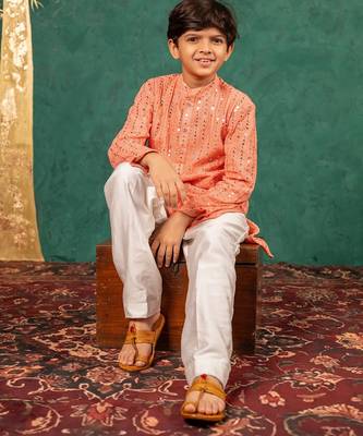 Boys georgette mirror work light salmon coloured kurta with white pant 1