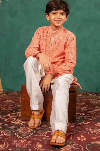 Boys georgette mirror work light salmon coloured kurta with white pant