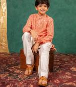 Boys georgette mirror work light salmon coloured kurta with white pant