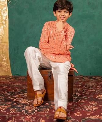 Boys georgette mirror work light salmon coloured kurta with white pant 2