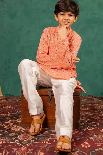 Boys georgette mirror work light salmon coloured kurta with white pant