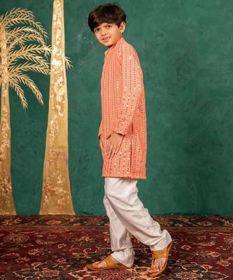 Boys georgette mirror work light salmon coloured kurta with white pant 3