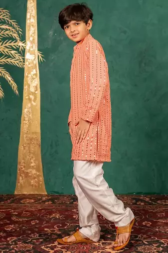 Boys georgette mirror work light salmon coloured kurta with white pant