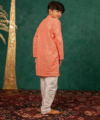 Boys georgette mirror work light salmon coloured kurta with white pant 4