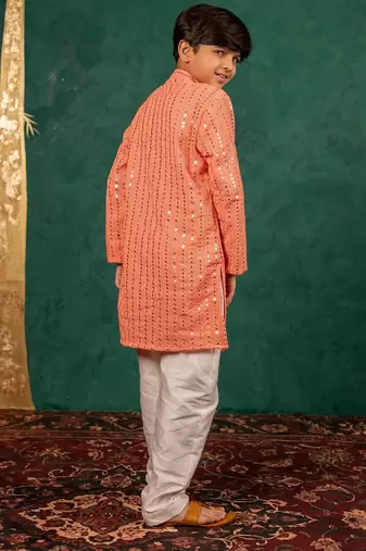 Boys georgette mirror work light salmon coloured kurta with white pant