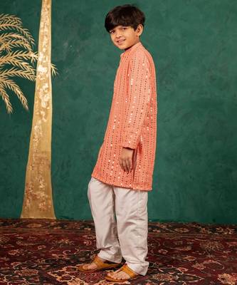 Boys georgette mirror work light salmon coloured kurta with white pant 5