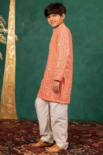Boys georgette mirror work light salmon coloured kurta with white pant
