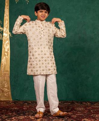 Boys georgette mirror work off-white kurta with white pant 1