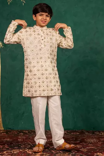 Boys georgette mirror work off-white kurta with white pant
