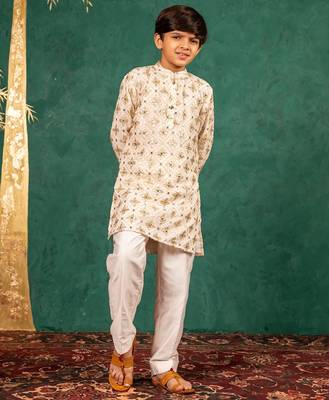 Boys georgette mirror work off-white kurta with white pant 2