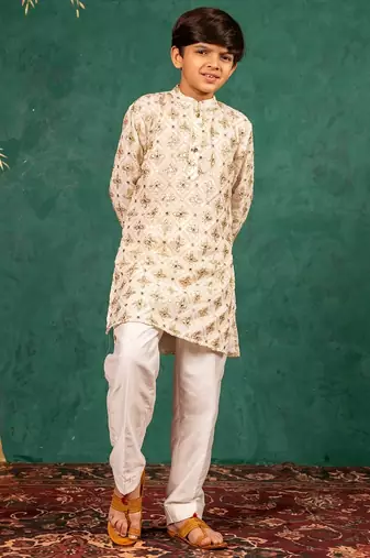 Boys georgette mirror work off-white kurta with white pant