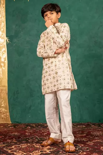 Boys georgette mirror work off-white kurta with white pant