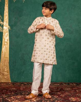 Boys georgette mirror work off-white kurta with white pant 4