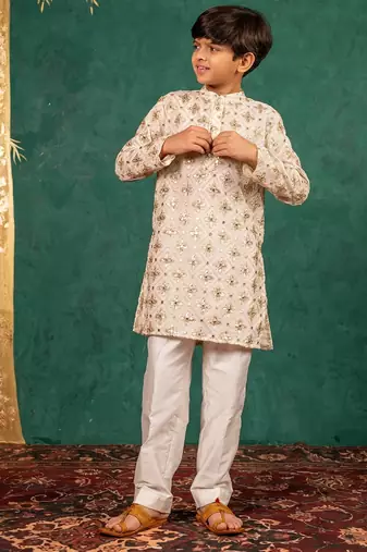 Boys georgette mirror work off-white kurta with white pant