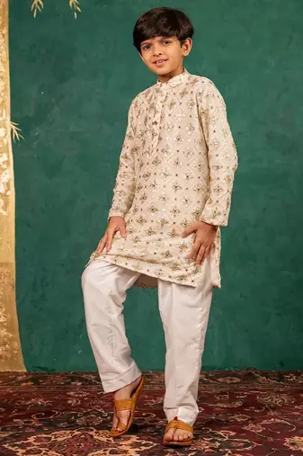 Boys georgette mirror work off-white kurta with white pant