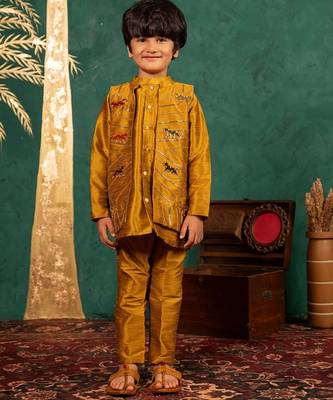 Boys mustard yellow silk kurta and pants with handwork acrylic bundi jacket 1