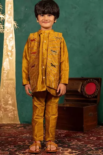 Boys mustard yellow silk kurta and pants with handwork acrylic bundi jacket